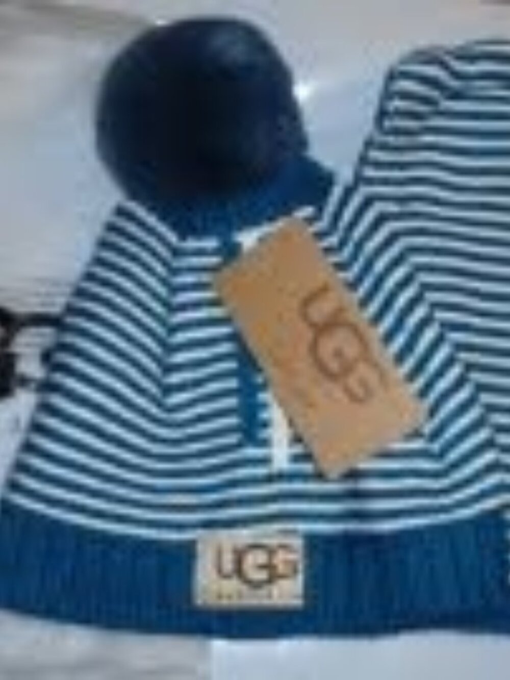 UGG Children's Hat & Scarf Set Blue Stripe Winter Knit 2-Piece Warm Cozy